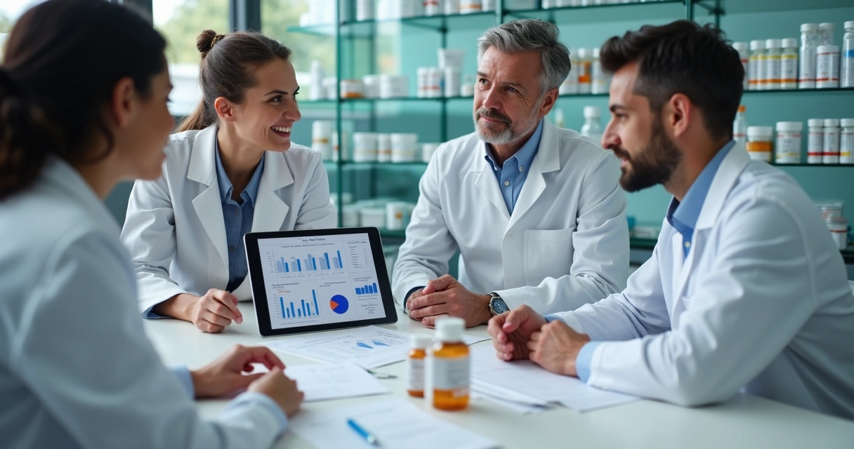 Equipe de farmácia reunida em torno de tablet analisando gráficos de vendas 