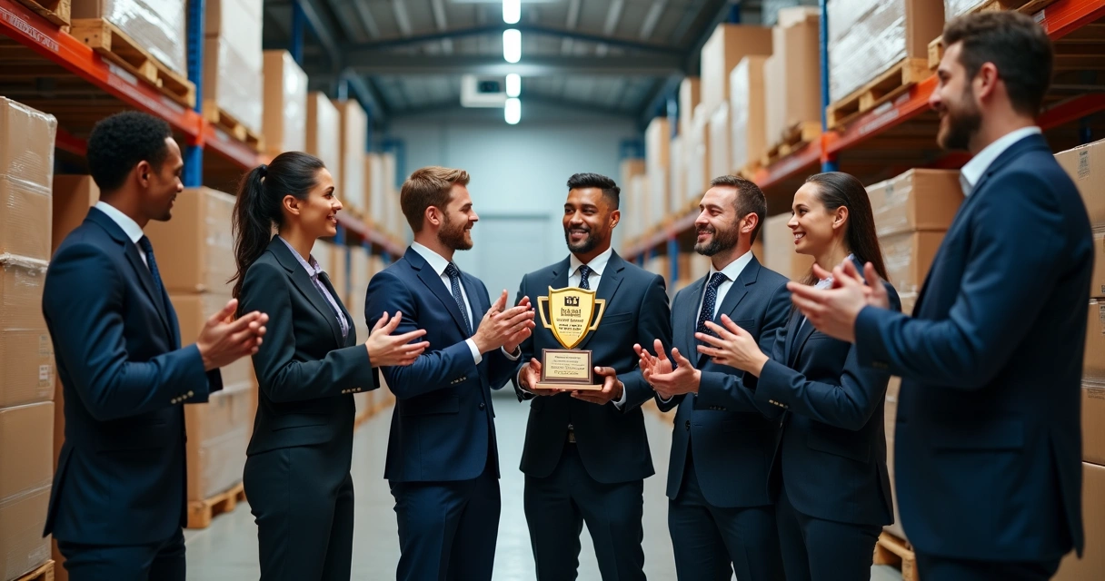 Equipe de logística recebendo prêmio em ambiente corporativo 