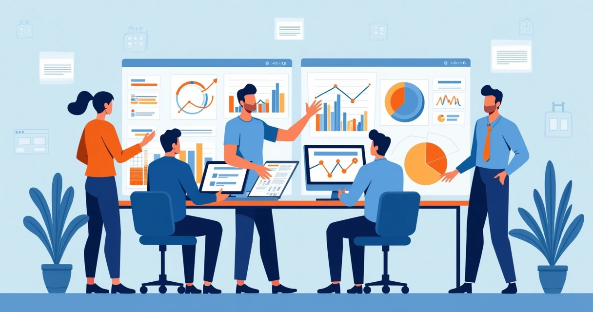 Equipe de marketing analisando gráficos de dados em grandes telas digitais 