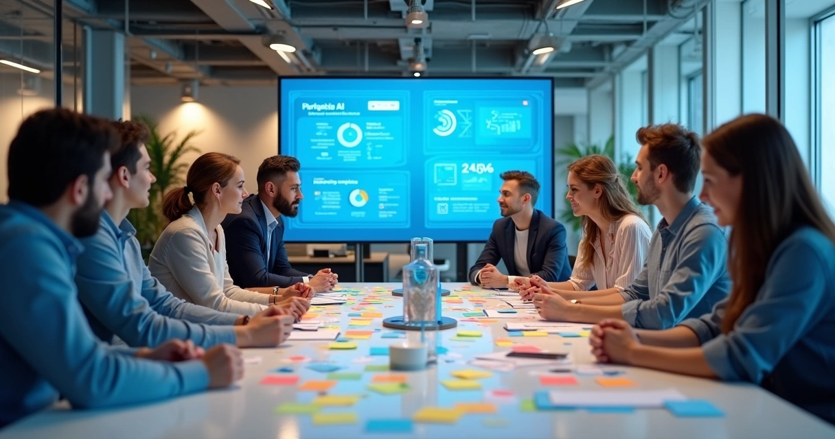 Equipe de marketing em reunião criativa com elementos digitais ao fundo 