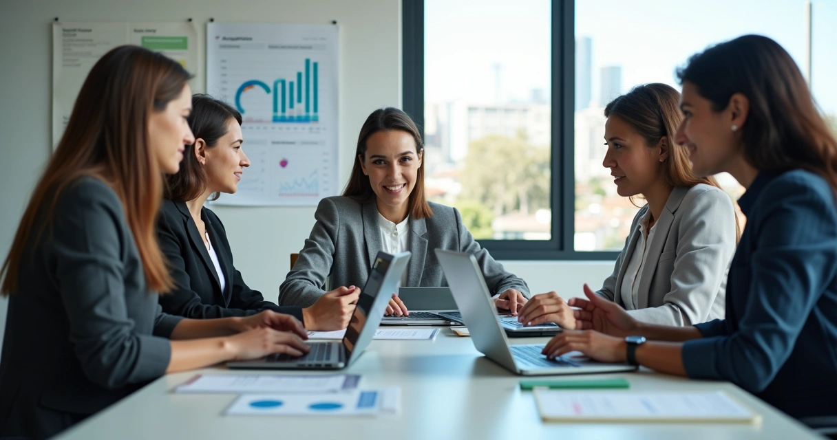 Equipe de marketing digital reunida em escritório com computadores modernos 