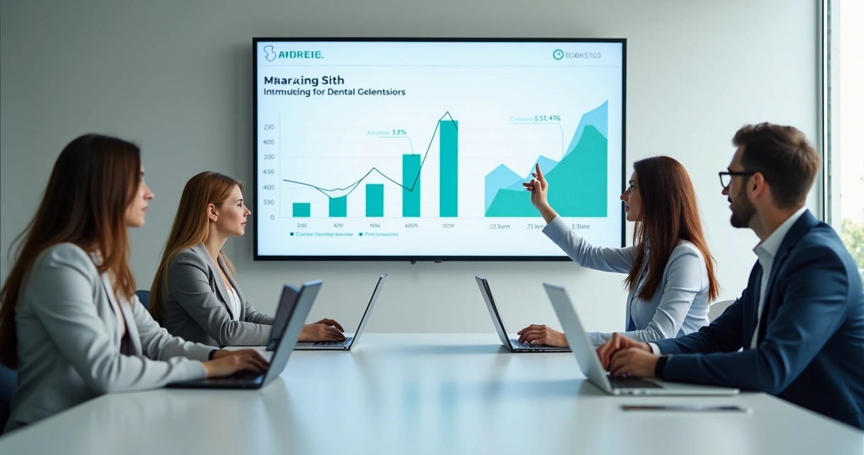 Equipe de marketing reunida à mesa analisando relatórios e resultados no notebook 