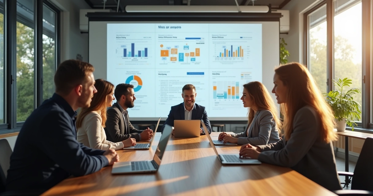 Equipe de marketing reunida em escritório com laptops e quadros digitais 