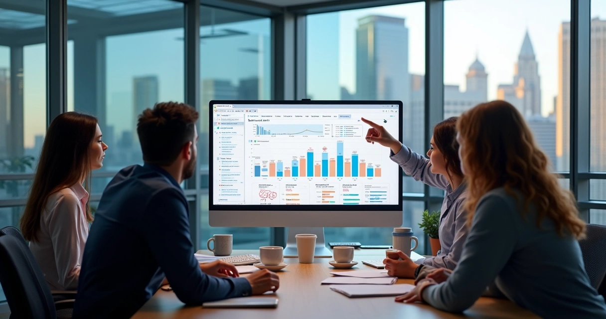 Profissionais de marketing usando computador analisando métricas do LinkedIn juntos 