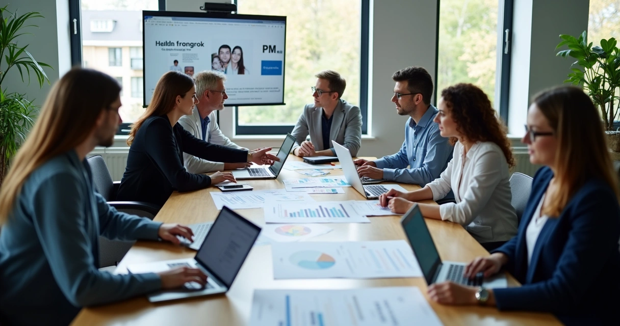 Equipe multidisciplinar reunida em mesa discutindo projetos médicos 