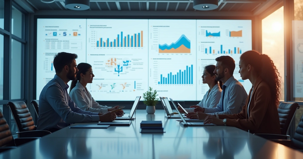 Equipe de marketing digital médico reunida discutindo estratégias em sala moderna 