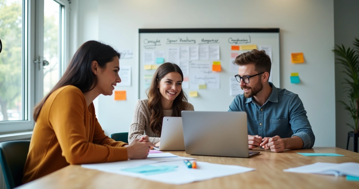 Pequena equipe reunida discutindo ideias de conteúdo em sala clara. 