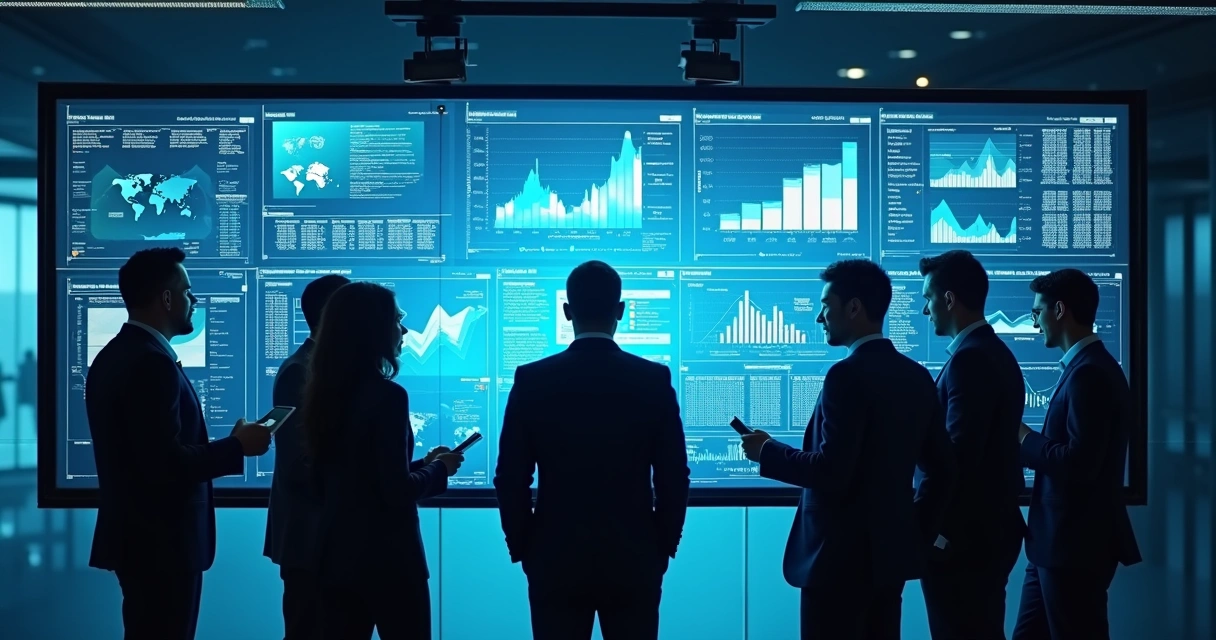 Grupo de executivos diante de uma tela com gráficos digitais e dados de tecnologia
