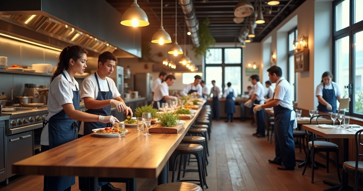 Equipe de restaurante realizando tarefas na cozinha e salão. 