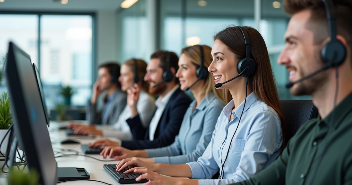 Equipe de televendas trabalhando com computadores e telefone 