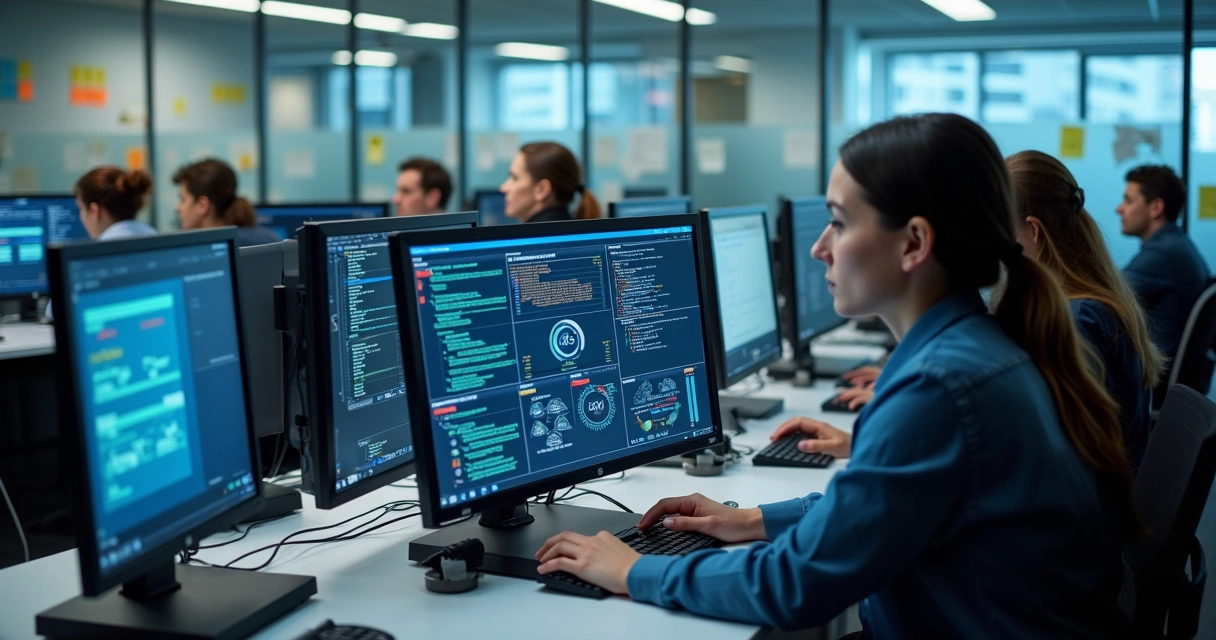 Equipe de TI monitora processos em computadores 