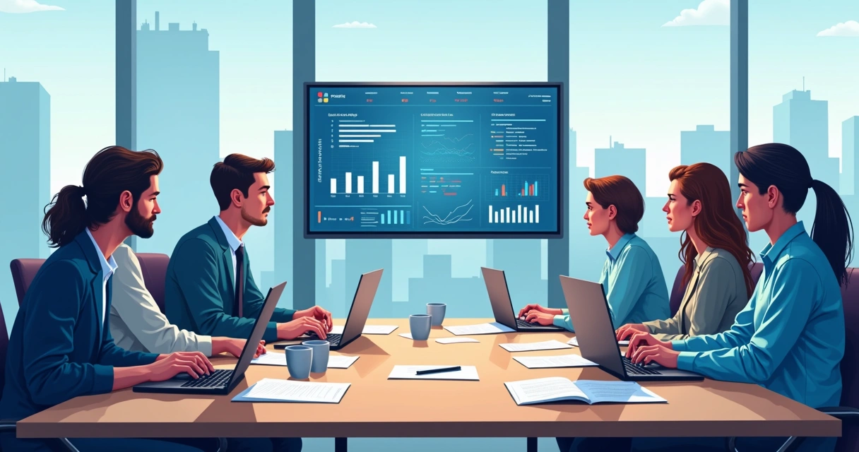 Equipe de TI em reunião analisando dados em computadores 