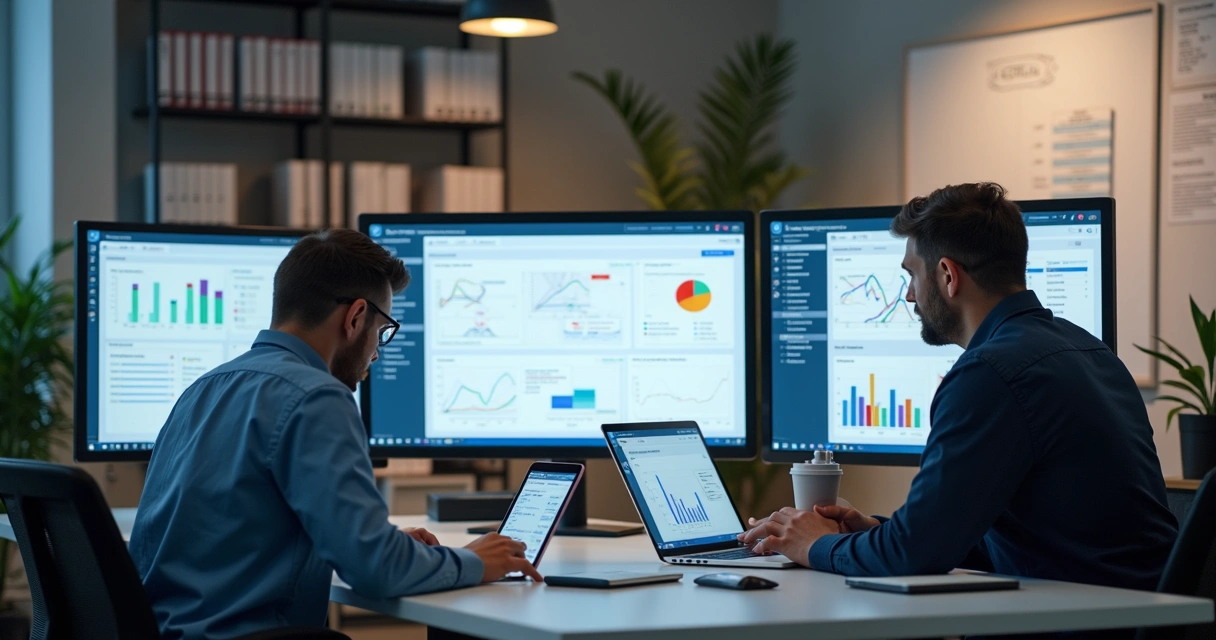 Equipe pequena de profissionais de tecnologia reunida em mesa de trabalho com laptops e telas exibindo sistemas de helpdesk e gráficos de suporte 