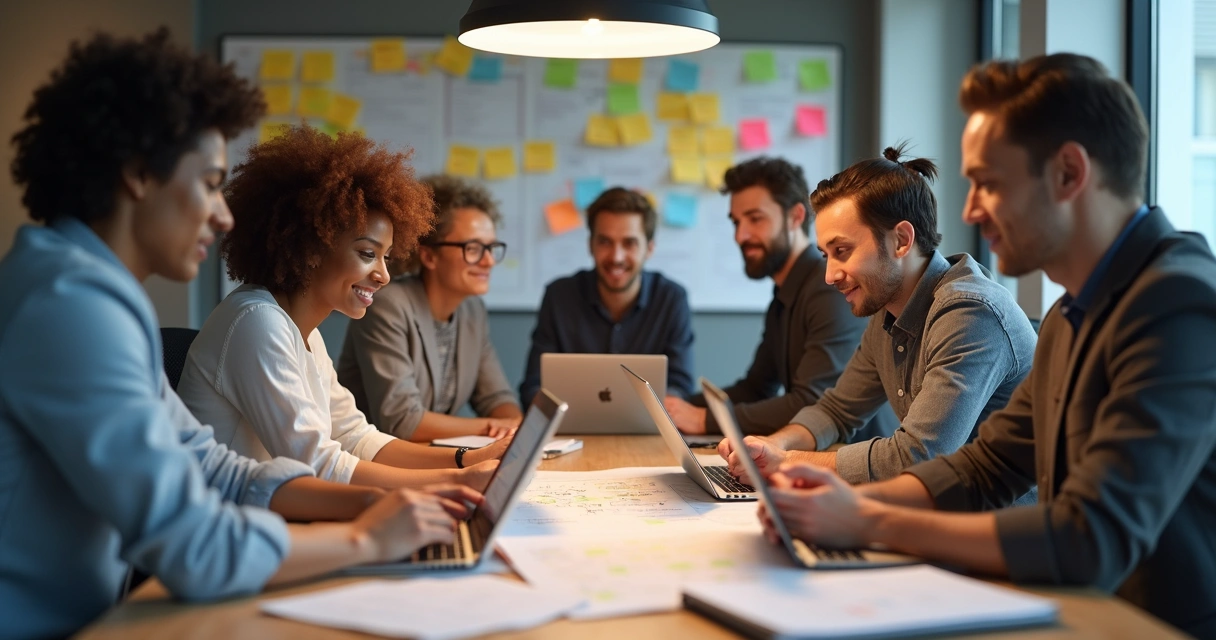 Equipe colaborando focada em metas principais em escritório moderno