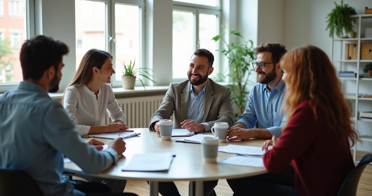 Equipe de trabalho reunida em uma mesa redonda 
