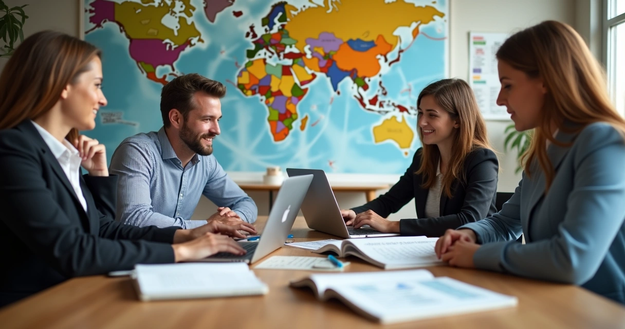 Equipe de agência de turismo reunida em mesa analisando calendário e laptop 