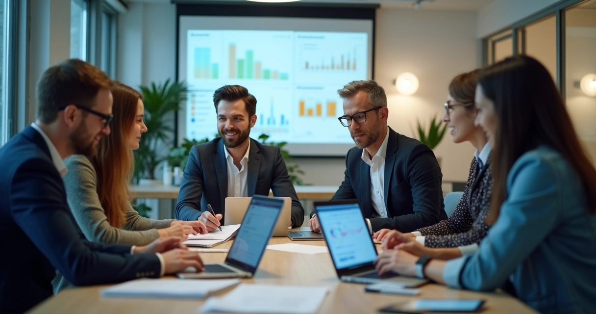 Equipe comercial em reunião analisando o acompanhamento pós-proposta