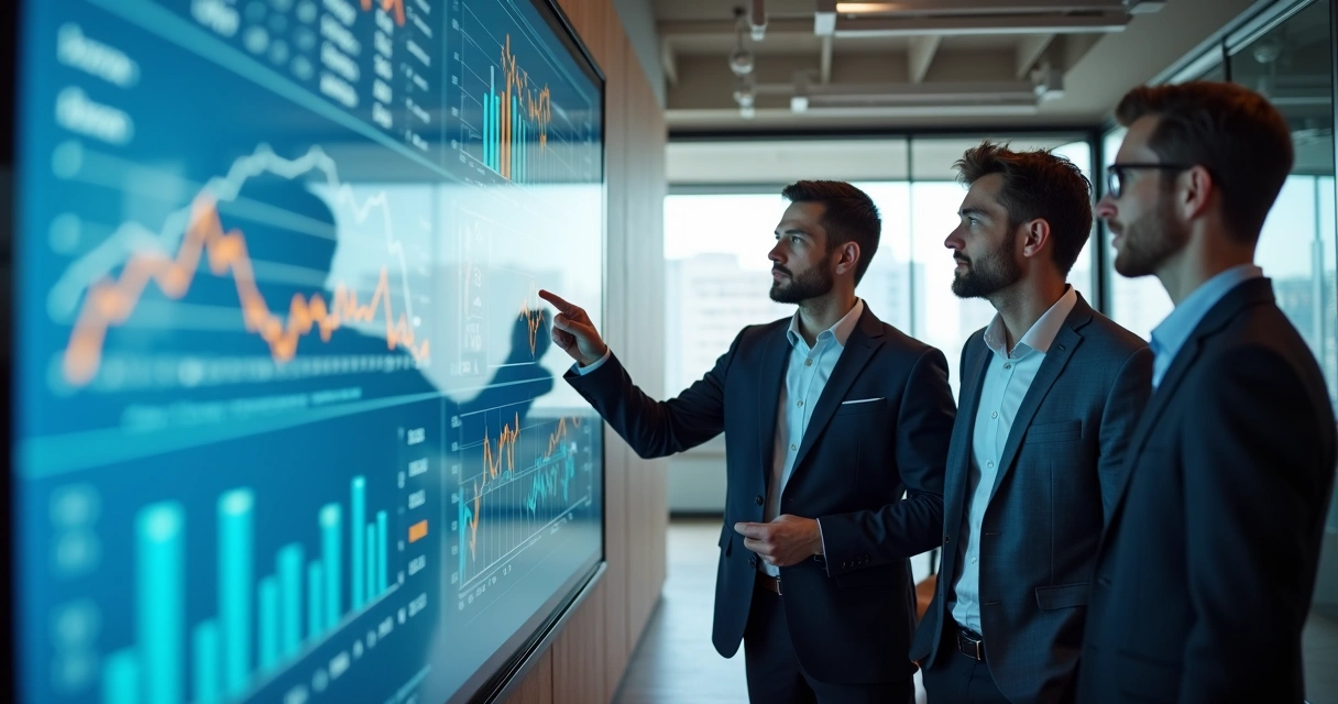 Equipe de vendas analisando métricas de marketing digital em uma tela grande 