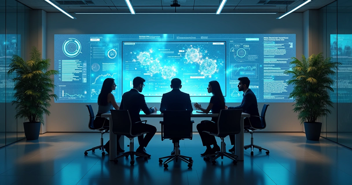 Equipe de vendas utilizando um dashboard digital com ferramentas de IA 