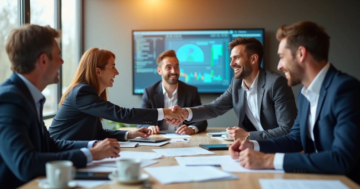 Equipe de vendas reunida em mesa de reuniões comemorando conquista de contrato em marketplace B2B 