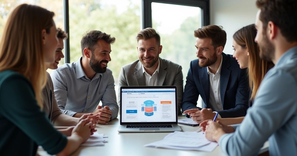 Equipe de vendas colaborando em sessão de estratégia comercial com laptop 