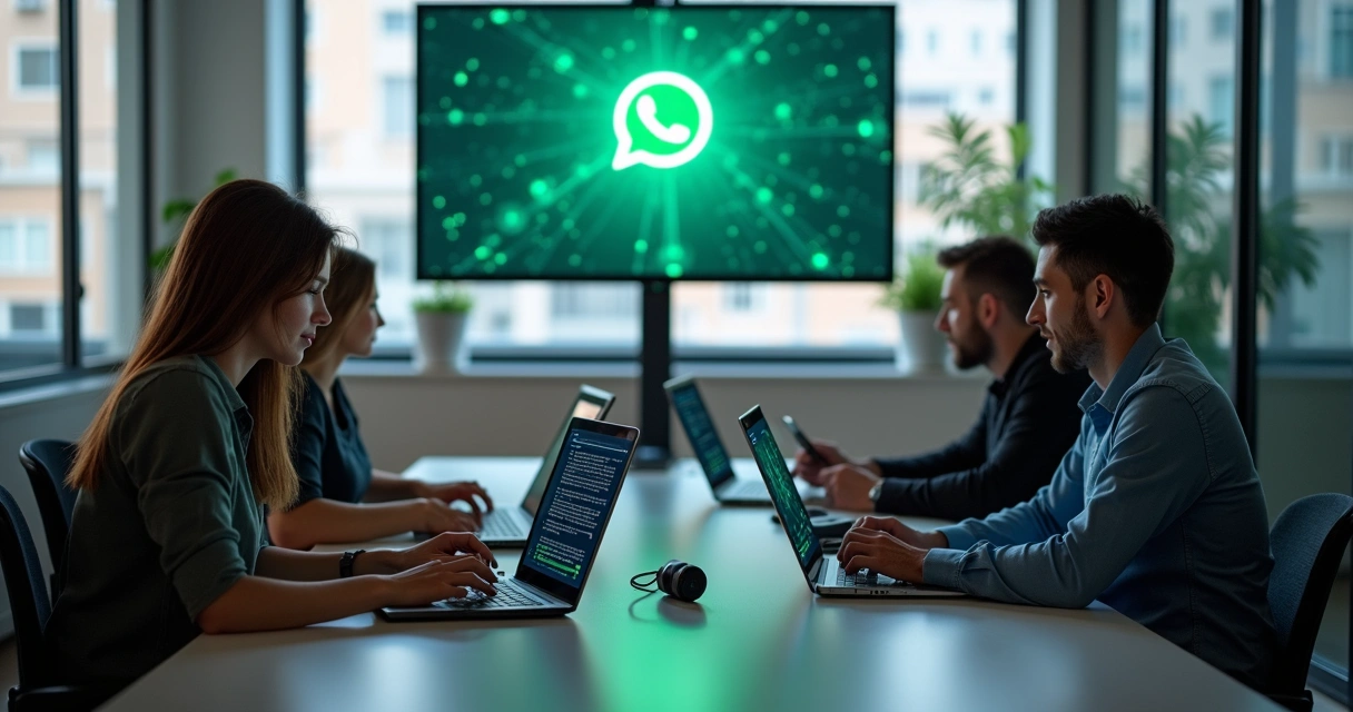 Equipe de vendas digitando em notebooks e celulares integrados ao WhatsApp 