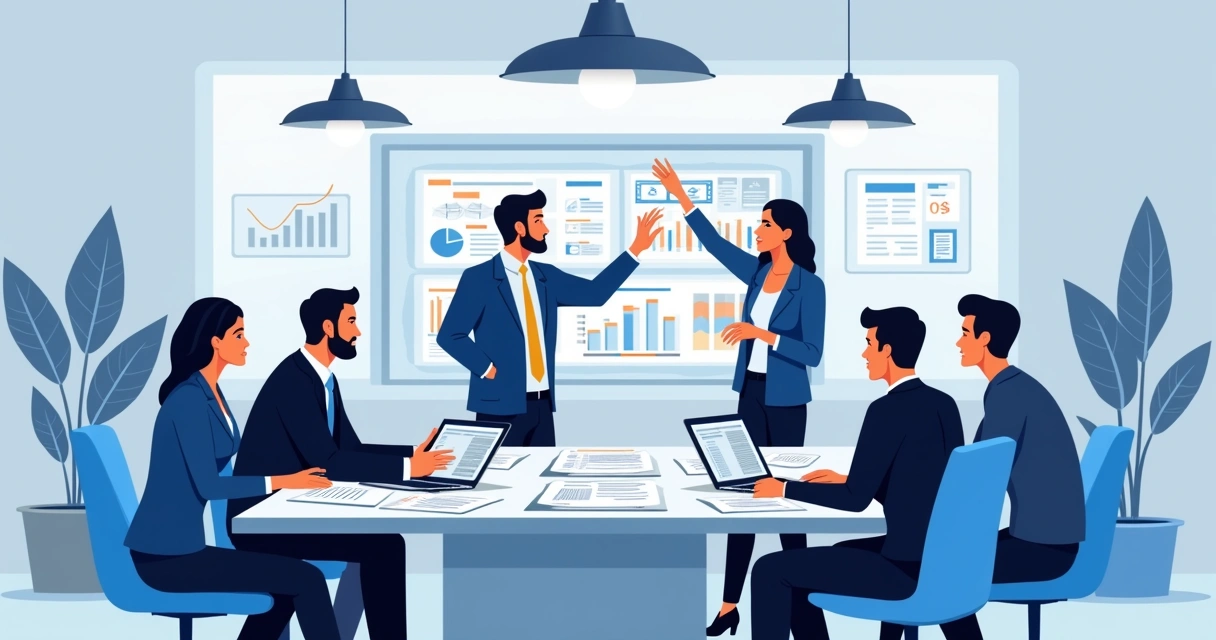 Equipe de vendas e parceiros reunidos em mesa de trabalho com gráficos 