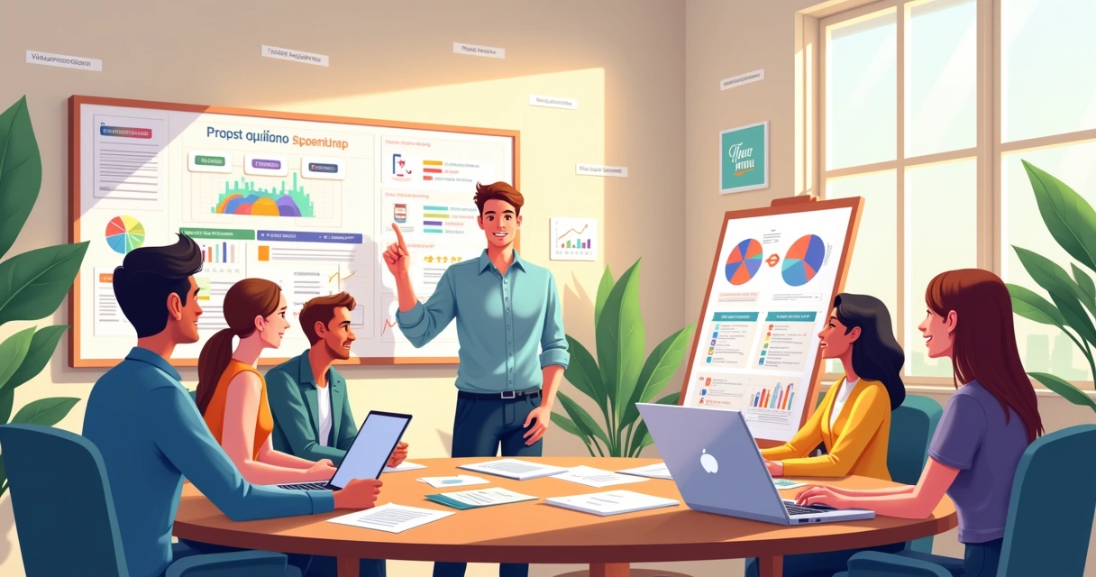 Equipe de vendas em um escritório, colaborando em torno de uma mesa, com tecnologia e diagramas de vendas.