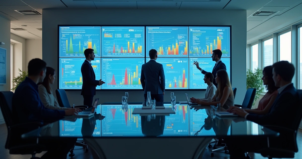 Equipe de vendas analisando dados em telas digitais 