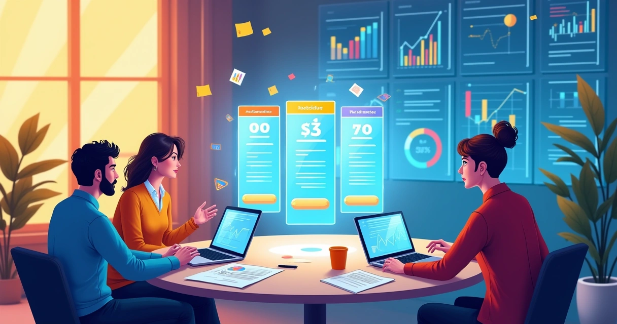 Ilustração de equipe de vendas explorando planos do Pipedrive com gráficos de vendas em crescimento.
