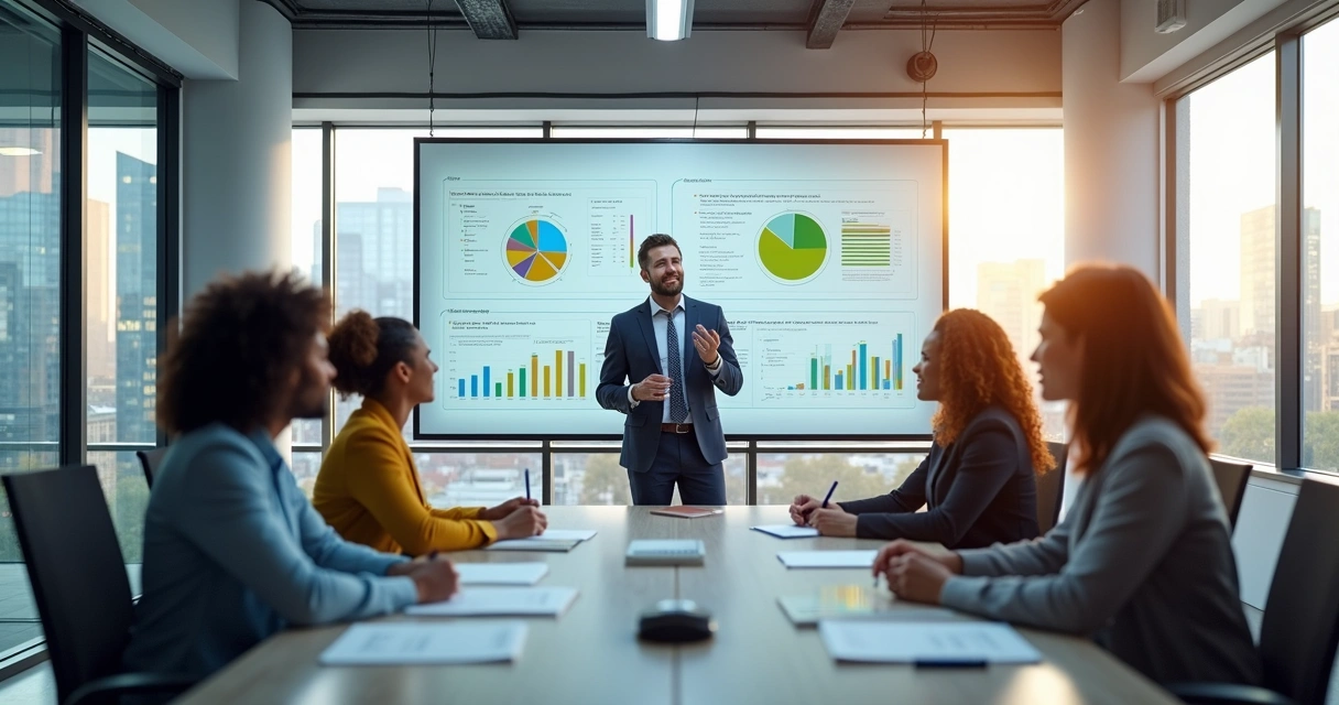 Equipe de vendas reunida em sala moderna discutindo estratégias 