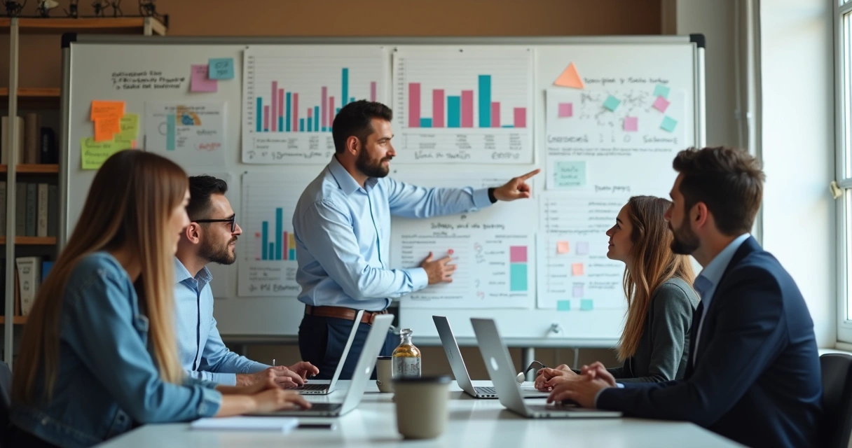 Equipe de vendas em reunião semanal, pequena empresa, pessoas analisando quadro com metas e resultados 