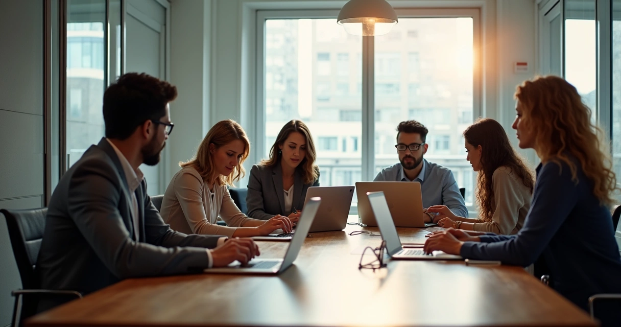 Equipe de vendas reunida em torno de uma mesa analisando dados e listas de prospects com papéis, notebooks e gráficos coloridos 
