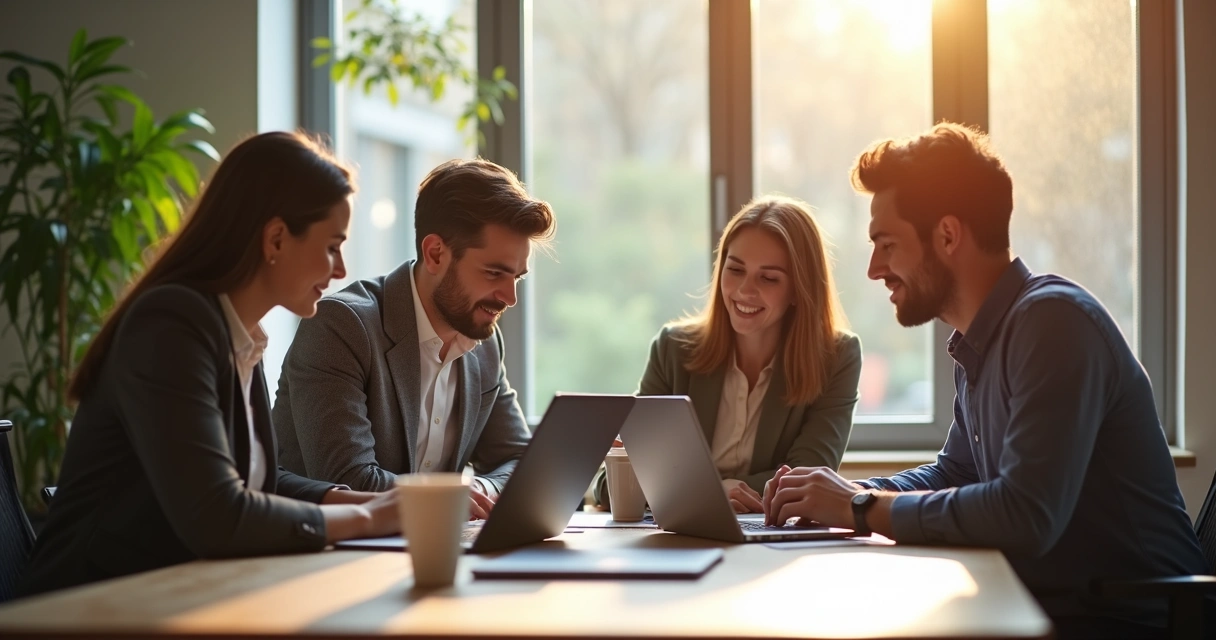 Equipe de vendas colaborando ao redor de uma mesa com computadores 