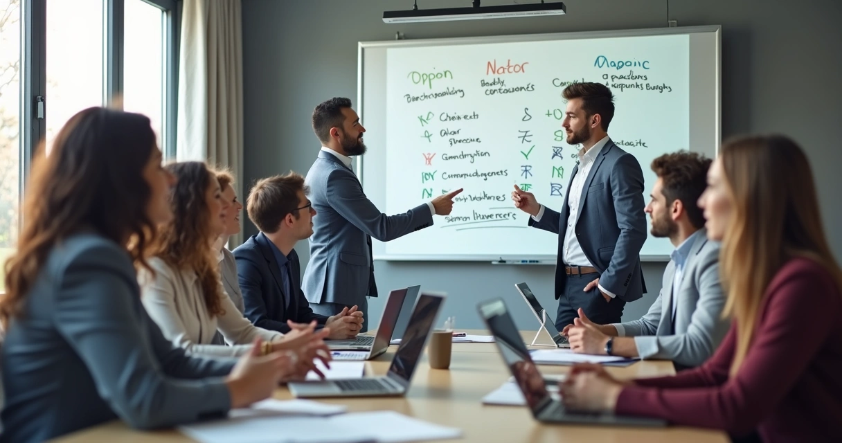 Equipe reunida analisando alternativas estratégicas em uma sala de reuniões 