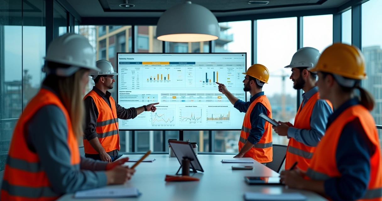 Equipe de construção analisando relatório técnico em painel digital 