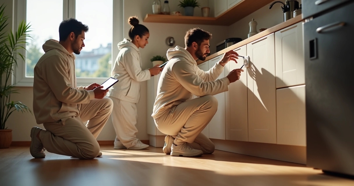 Equipe uniformizada da dedetizadora avaliando infestação em casa 