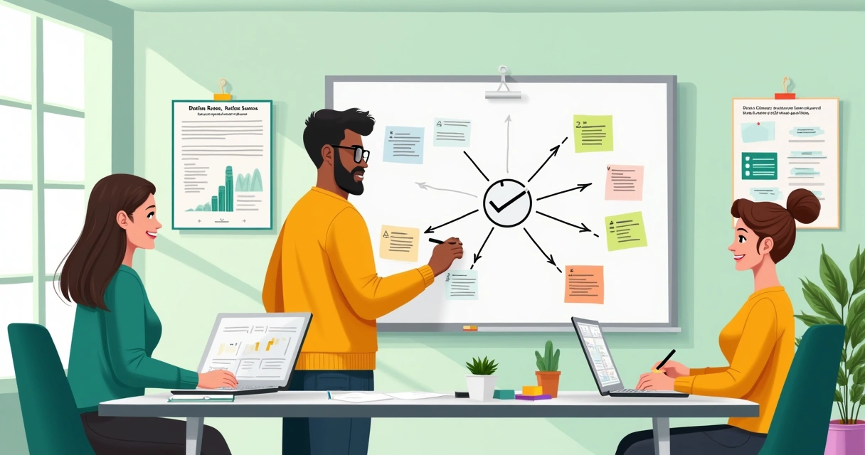 Equipe diversa definindo papéis em um escritório moderno e organizado com gráficos e ideias visíveis.