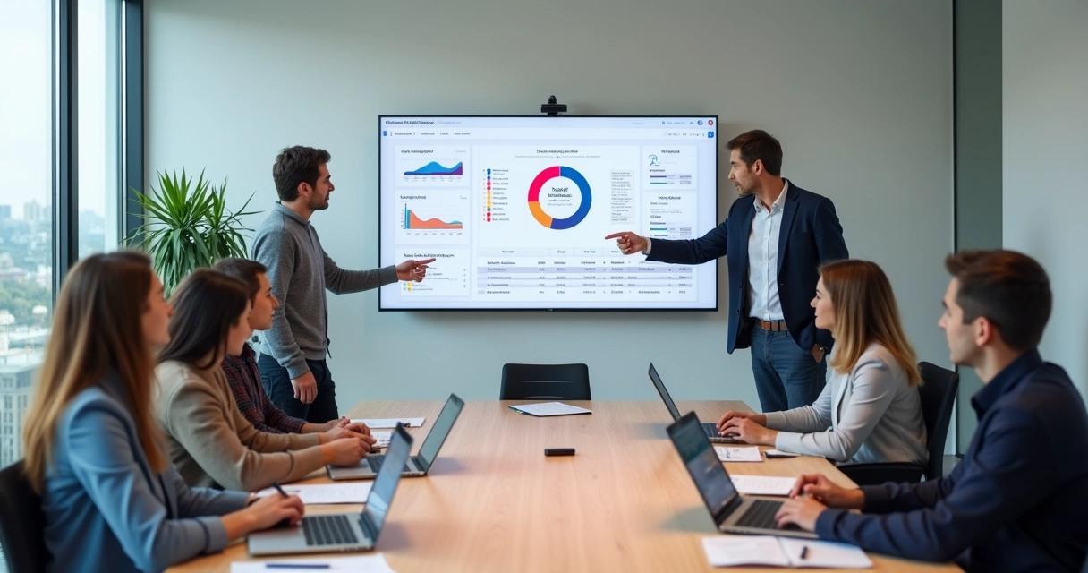 Equipe analisando dados em tela grande para definir perfil de cliente ideal B2B 