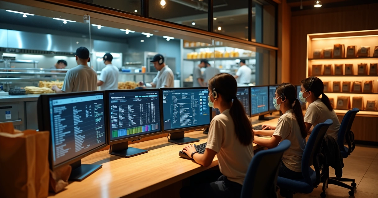 Equipe de delivery em lanchonete digital coordenando pedidos online de forma organizada 