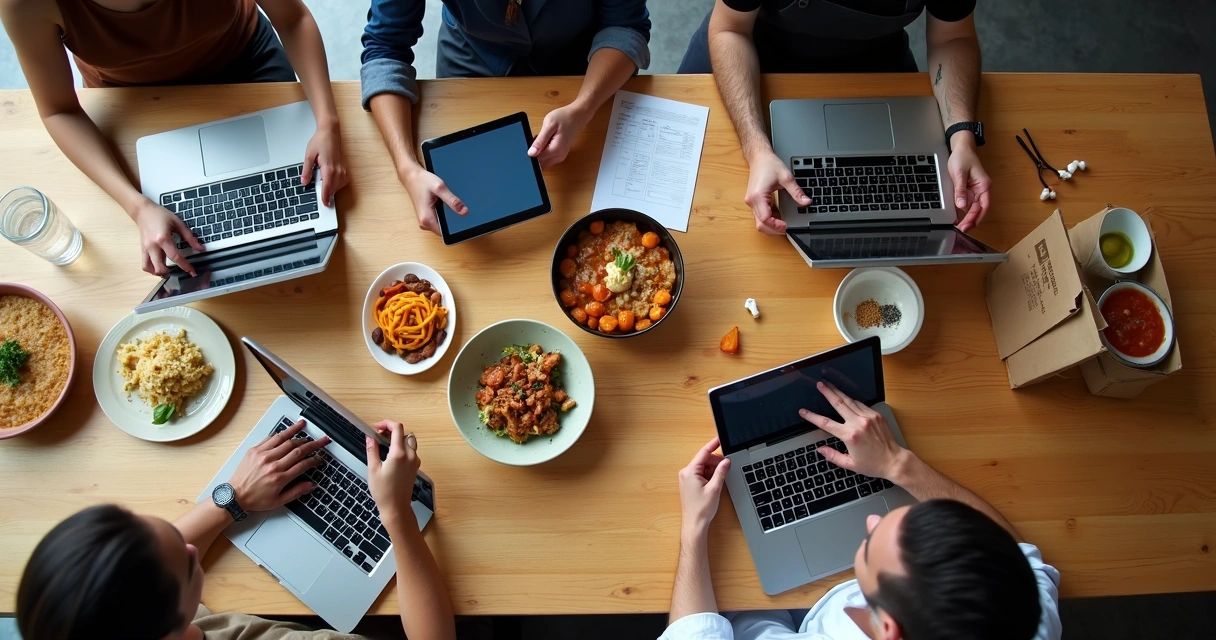 Equipe de restaurante usando tablet e celular para planejar estratégias de delivery 