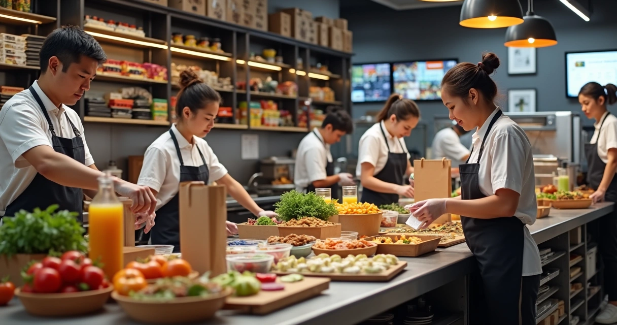 Equipe de restaurante preparando embalagens e conferindo pedidos de delivery