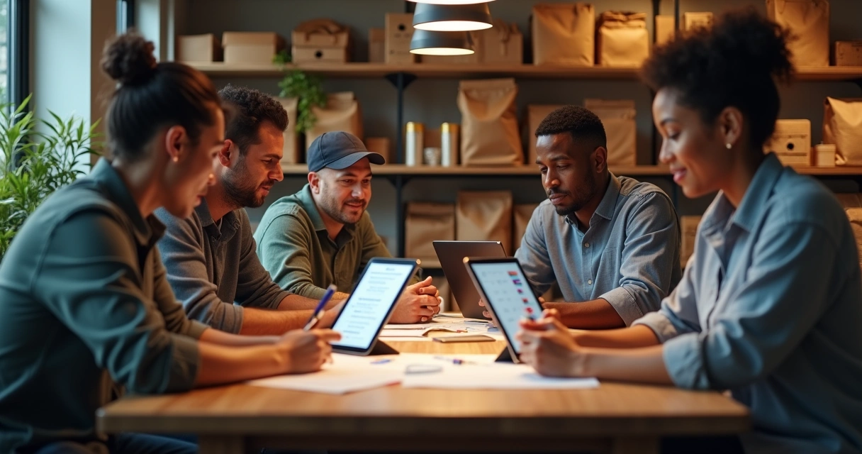 Equipe de restaurante delivery analisando custos e receitas em reunião 