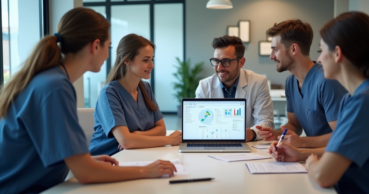 Equipe odontológica reunida para treinamento de tecnologia 