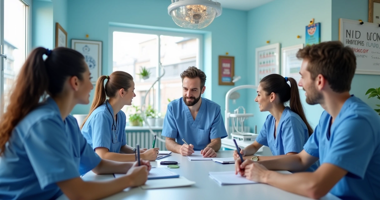 Equipe de dentistas em treinamento na clínica 