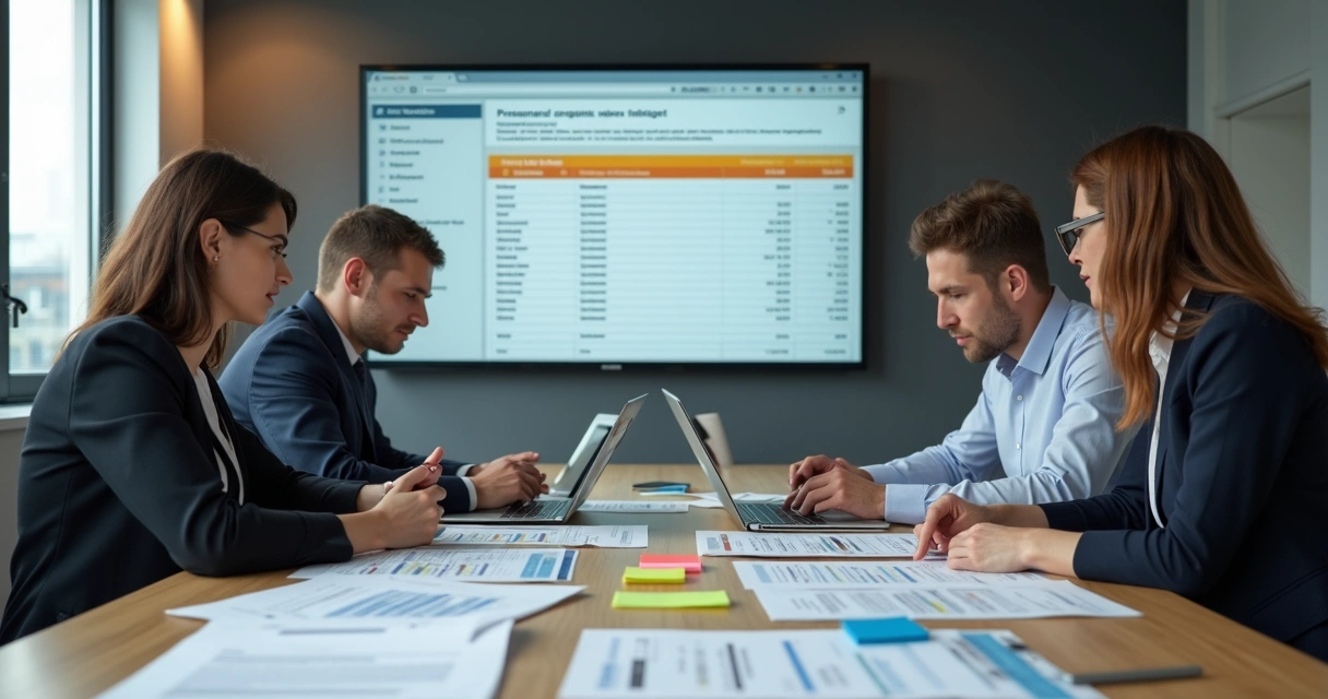 Equipe fiscal reunida em mesa de reunião, analisando relatórios e notas fiscais eletrônicas 