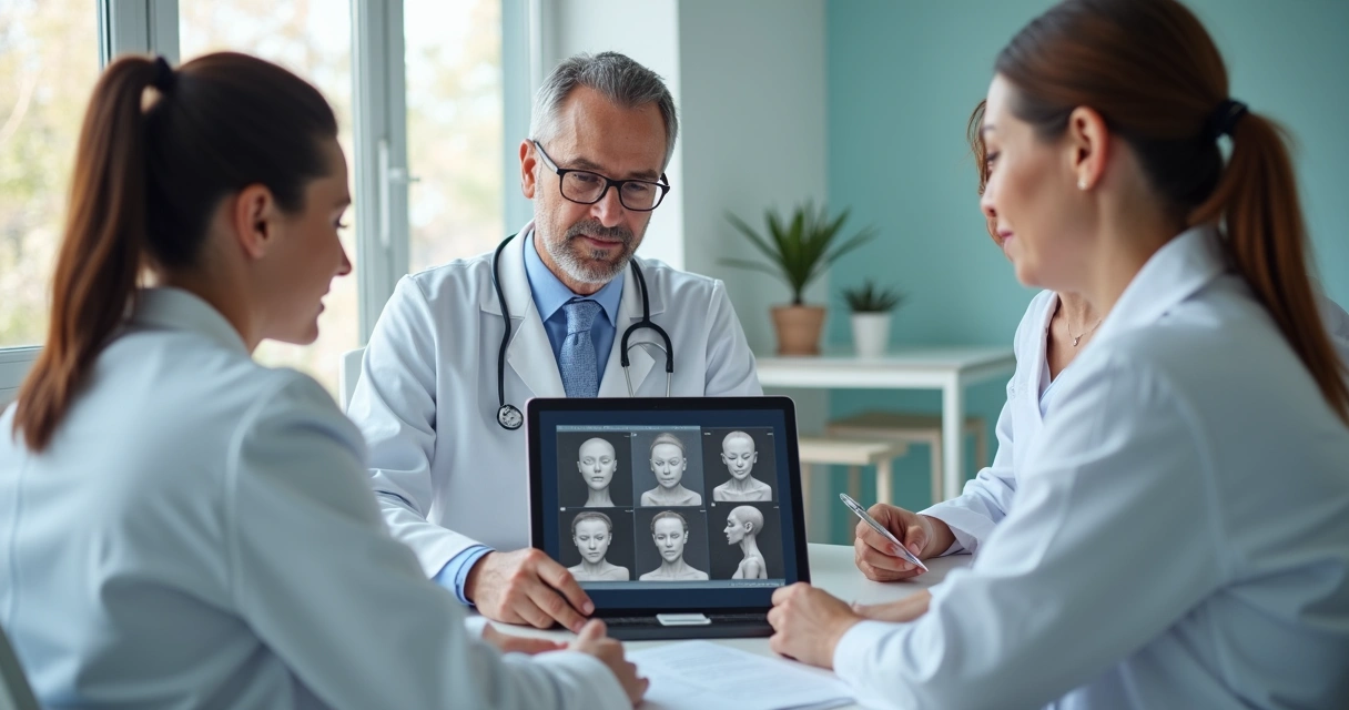 Consulta dermatológica para vitiligo com equipe multidisciplinar e paciente 