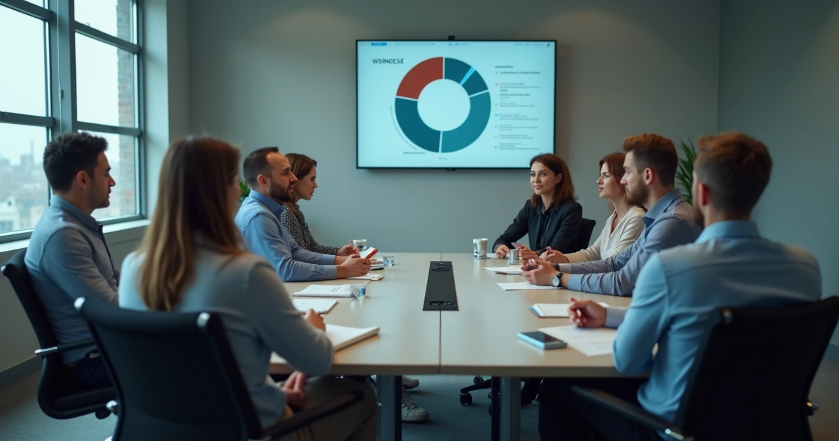 Equipe sentada ao redor de mesa de reunião olhando em direções diferentes 