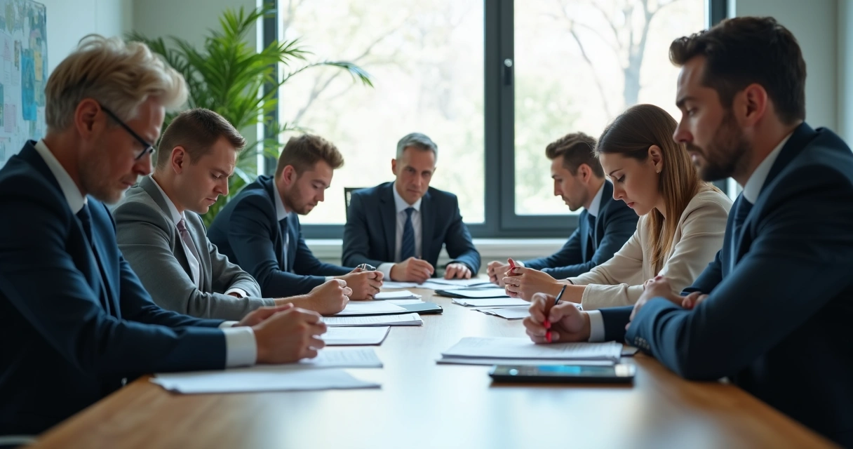 Equipe de escritório demonstrando desânimo reunida em sala 