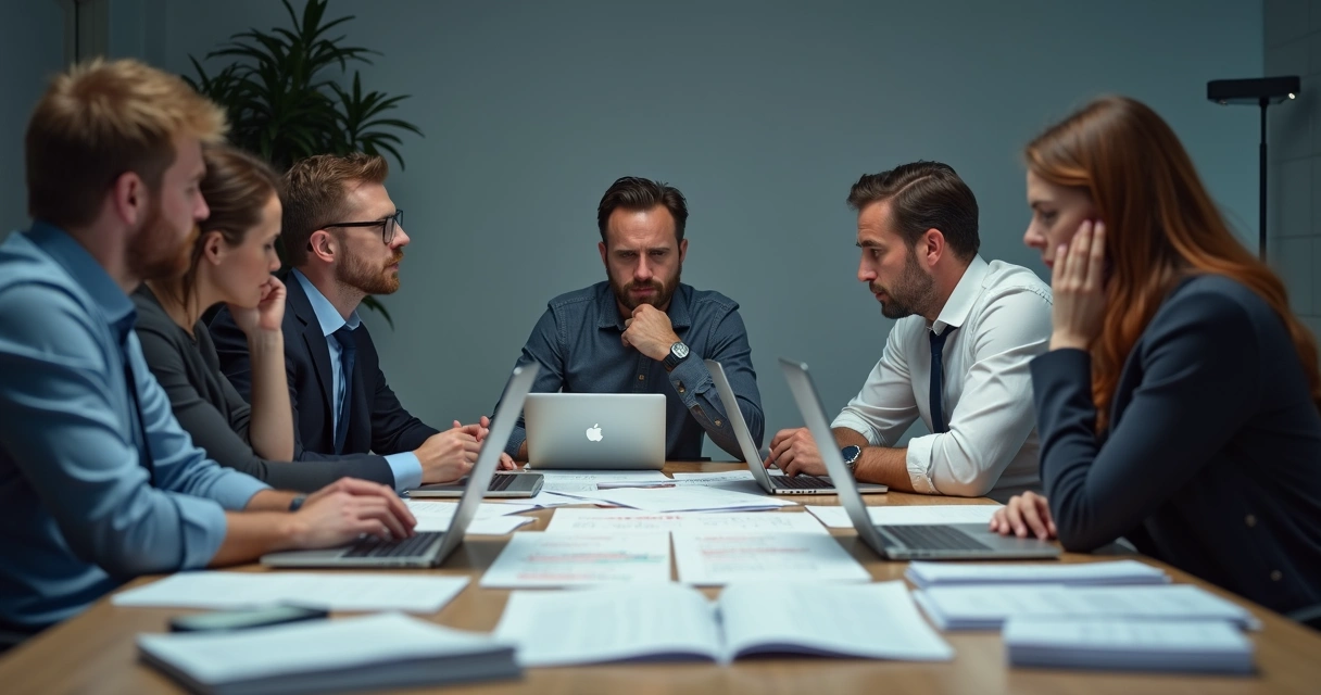 Equipe desmotivada diante de computadores, com planilhas abertas, apreensão no rosto e papéis espalhados 